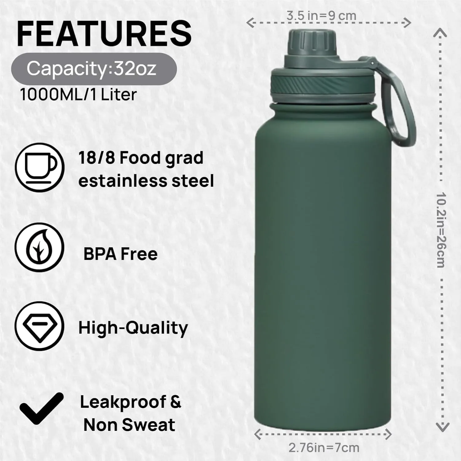 Dark Green Water Bottle 32oz, Forest Green Large Insulated Stainless Steel Water Flask, Big Sports Travel Mens Water Bottle with 2 Lids, Insulated Thermal Mug Cup for Gym,Hiking