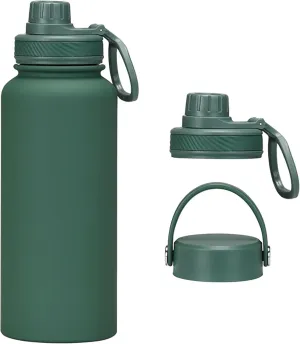 Dark Green Water Bottle 32oz, Forest Green Large Insulated Stainless Steel Water Flask, Big Sports Travel Mens Water Bottle with 2 Lids, Insulated Thermal Mug Cup for Gym,Hiking
