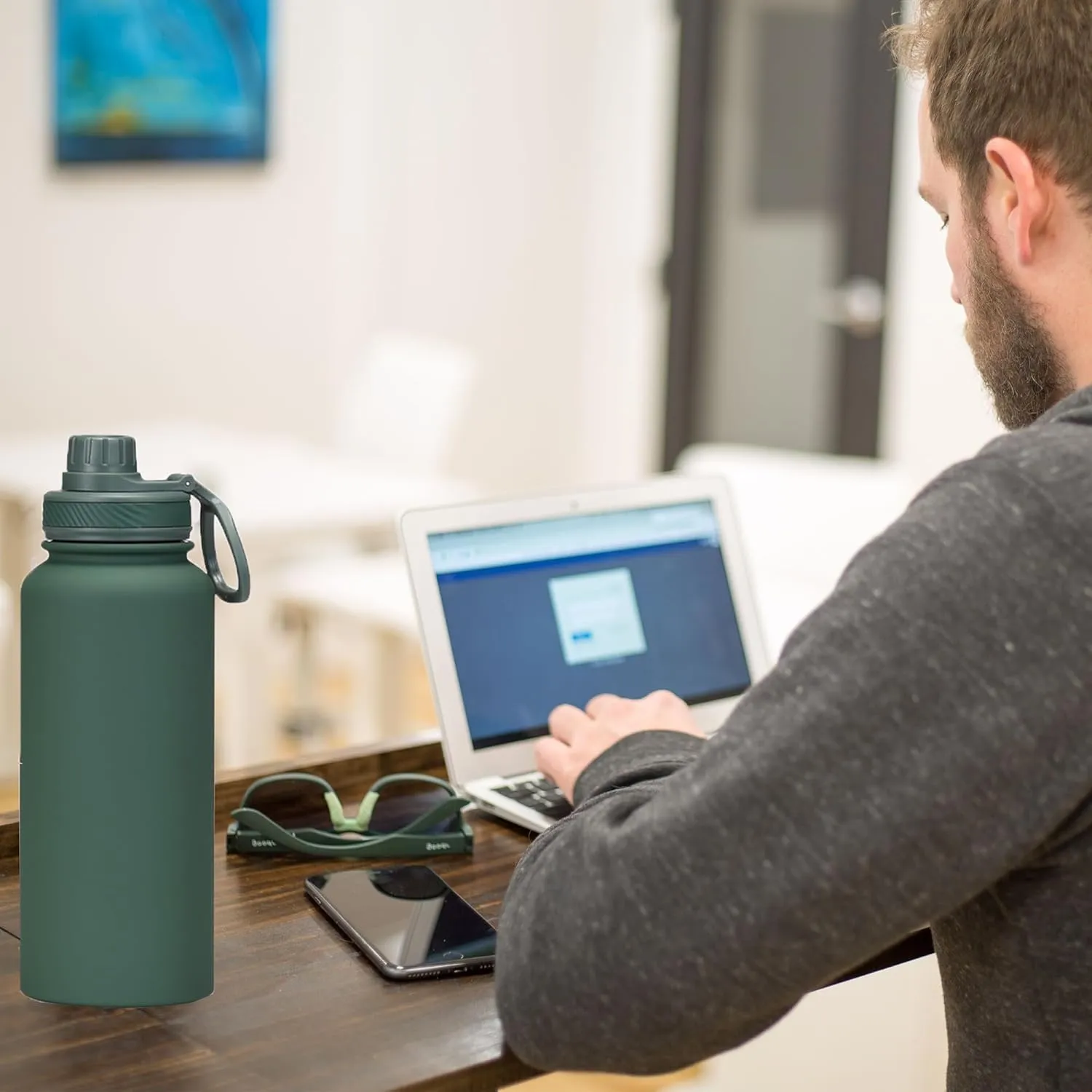Dark Green Water Bottle 32oz, Forest Green Large Insulated Stainless Steel Water Flask, Big Sports Travel Mens Water Bottle with 2 Lids, Insulated Thermal Mug Cup for Gym,Hiking
