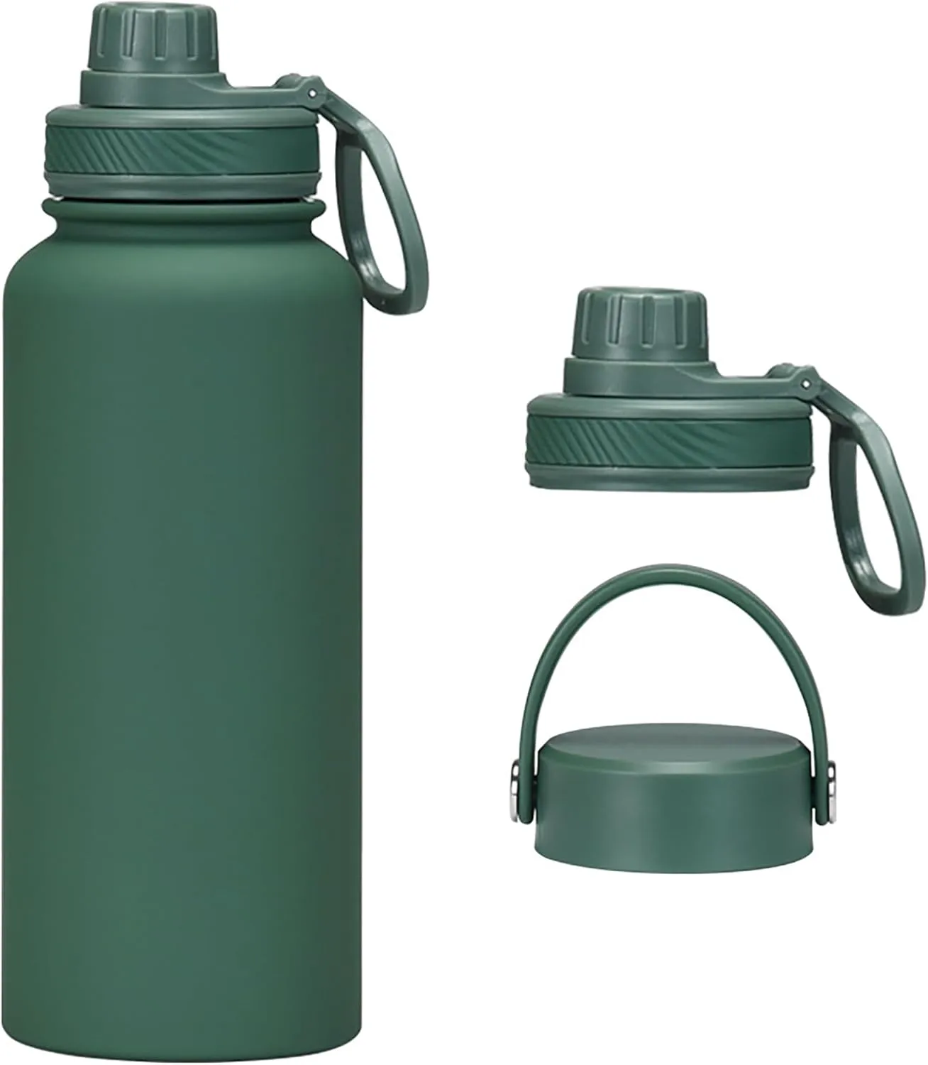 Dark Green Water Bottle 32oz, Forest Green Large Insulated Stainless Steel Water Flask, Big Sports Travel Mens Water Bottle with 2 Lids, Insulated Thermal Mug Cup for Gym,Hiking