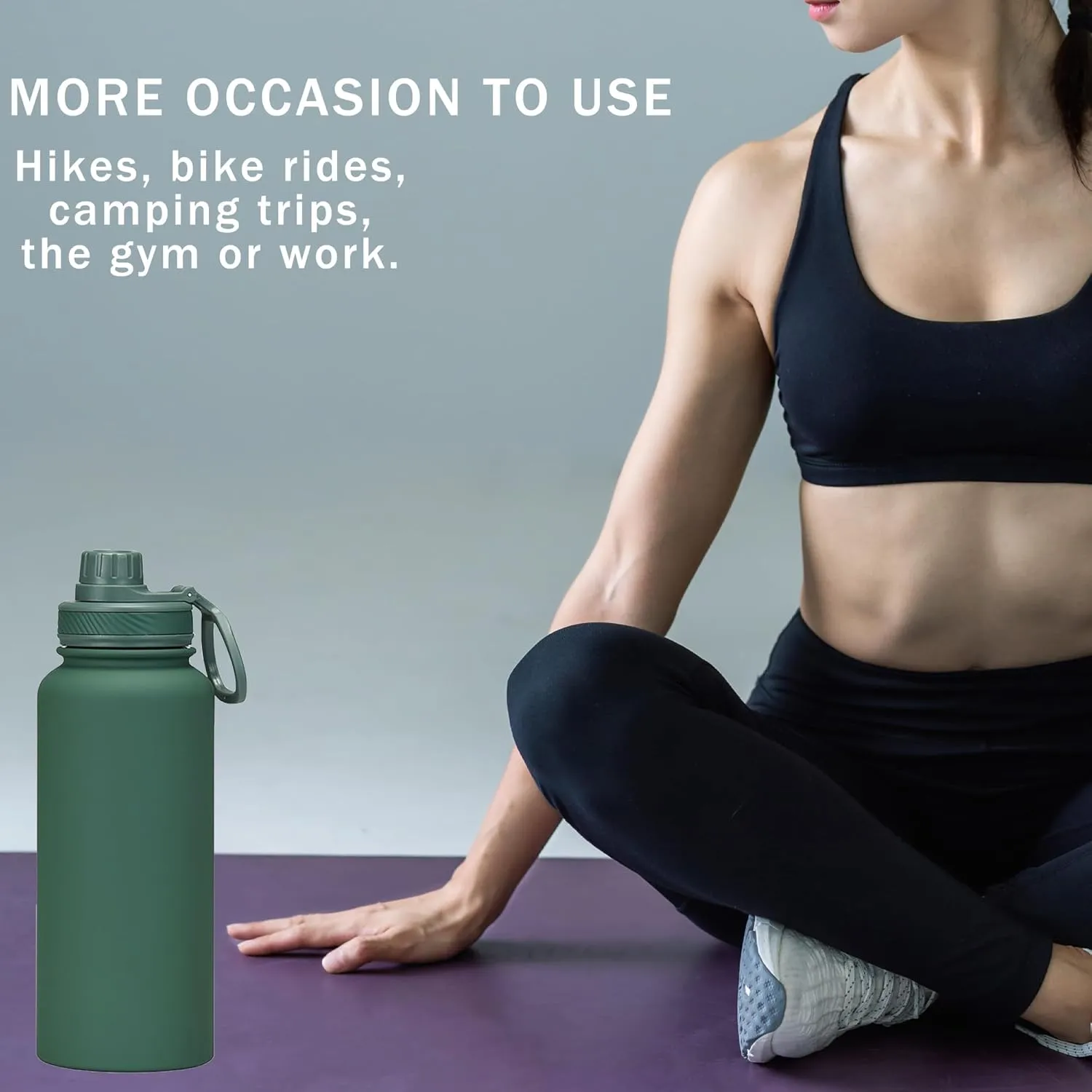 Dark Green Water Bottle 32oz, Forest Green Large Insulated Stainless Steel Water Flask, Big Sports Travel Mens Water Bottle with 2 Lids, Insulated Thermal Mug Cup for Gym,Hiking