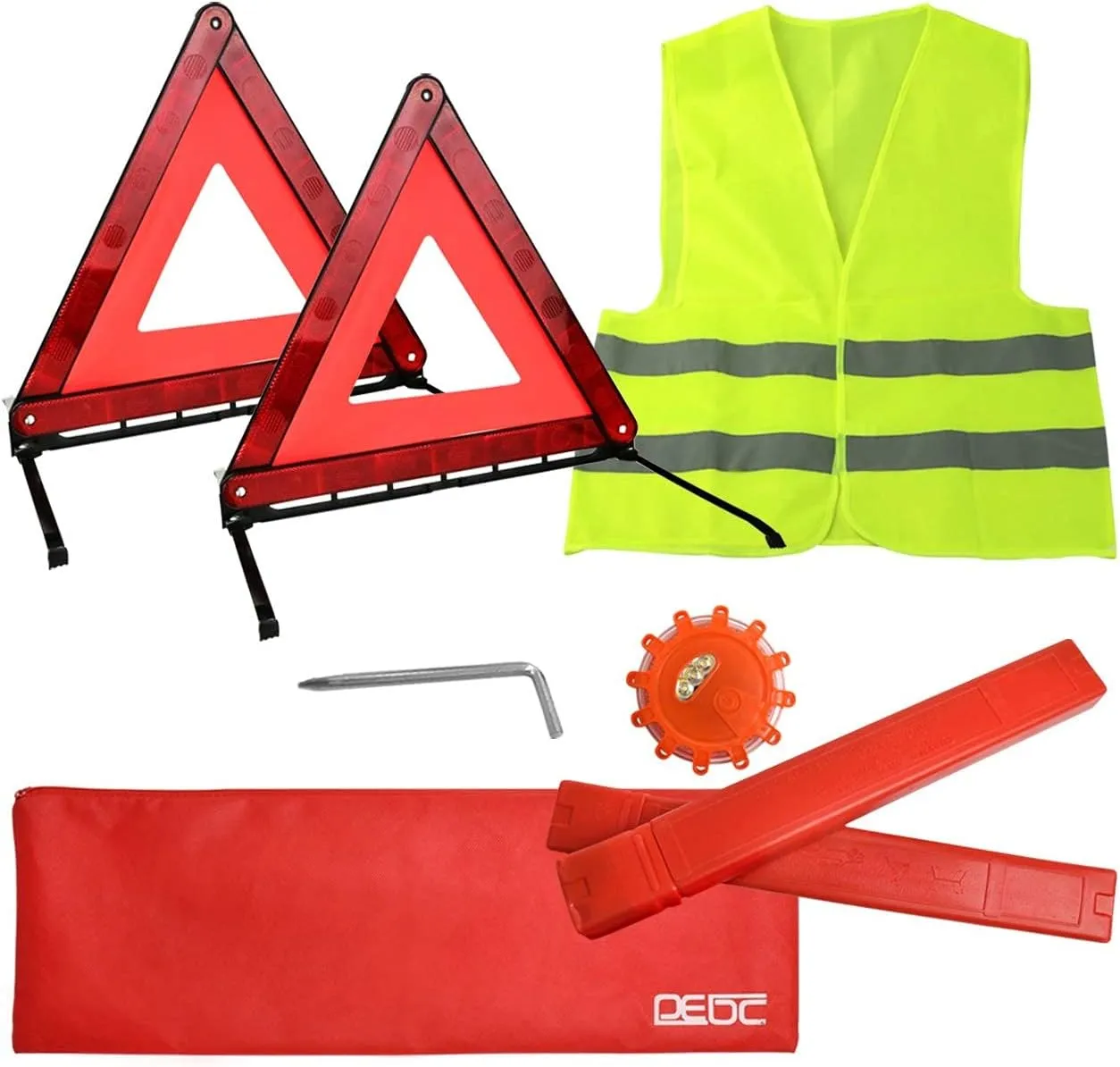 DEDC Car Safety Triangle Warning Kit, Set of 3 Roadside Emergency Kit with Reflective Warning Triangle,Visibility Roadside Vest, LED Road Flares Emergency Lights