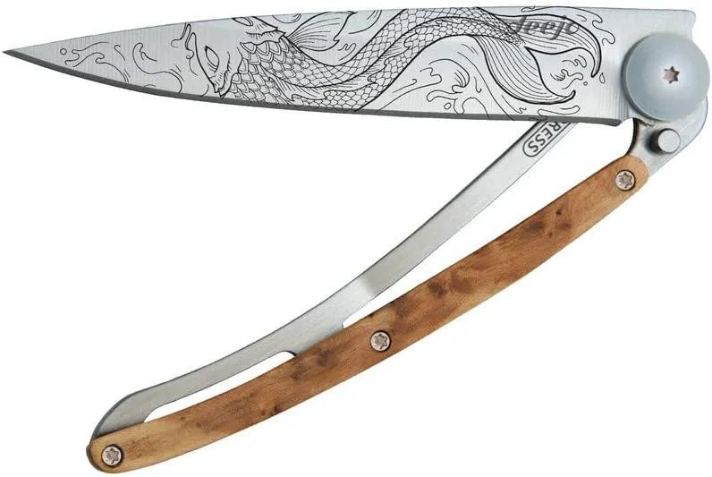 deejo - Ultra-light folding pocket knife with belt clip - Genévrier 1.3 OZ version - Thin and sharp blade - Fish pattern - In stainless steel - Elegant and modern design