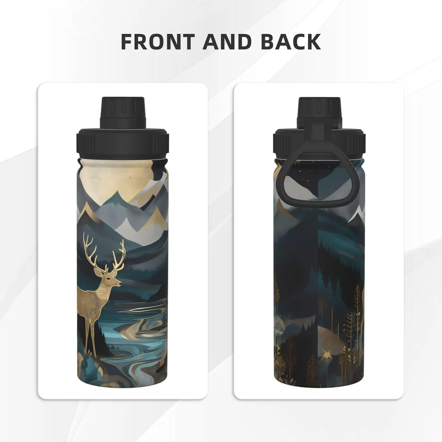 Deer with Trees Mountain 18 oz Stainless Steel Water Bottles Insulated Sports Water Bottle with Handle, Moon Stars Double Wall Travel Water Flask for Men Women