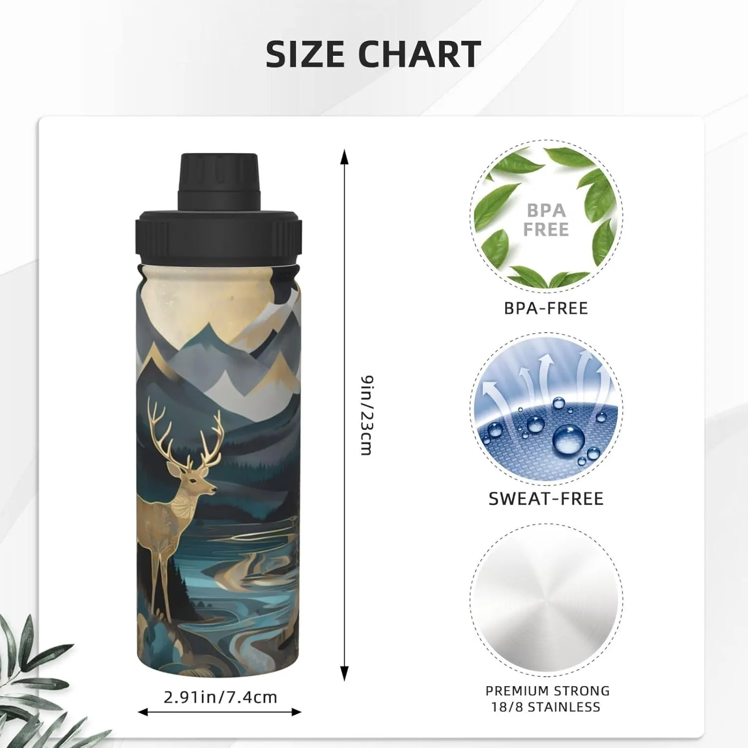 Deer with Trees Mountain 18 oz Stainless Steel Water Bottles Insulated Sports Water Bottle with Handle, Moon Stars Double Wall Travel Water Flask for Men Women