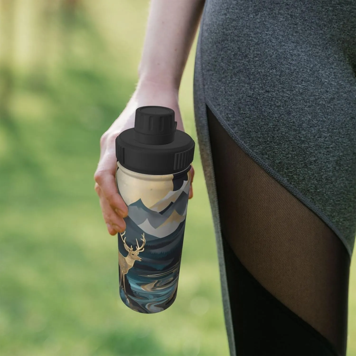 Deer with Trees Mountain 18 oz Stainless Steel Water Bottles Insulated Sports Water Bottle with Handle, Moon Stars Double Wall Travel Water Flask for Men Women