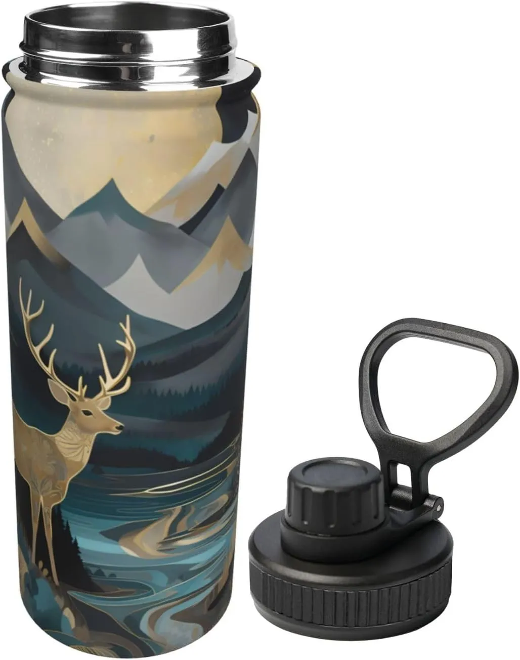 Deer with Trees Mountain 18 oz Stainless Steel Water Bottles Insulated Sports Water Bottle with Handle, Moon Stars Double Wall Travel Water Flask for Men Women