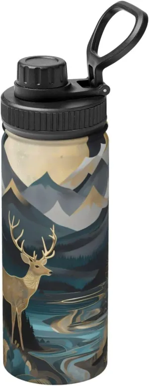 Deer with Trees Mountain 18 oz Stainless Steel Water Bottles Insulated Sports Water Bottle with Handle, Moon Stars Double Wall Travel Water Flask for Men Women