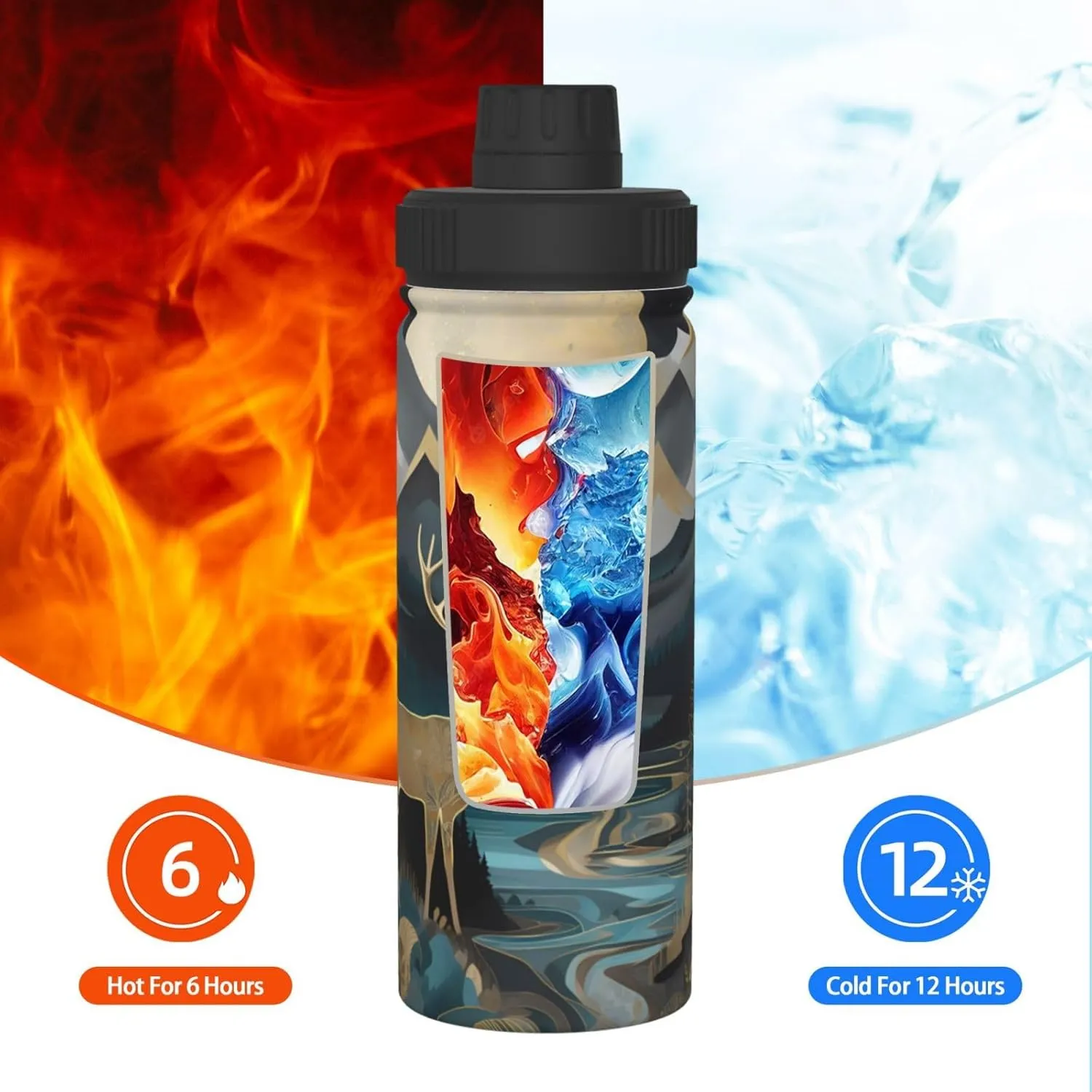 Deer with Trees Mountain 18 oz Stainless Steel Water Bottles Insulated Sports Water Bottle with Handle, Moon Stars Double Wall Travel Water Flask for Men Women