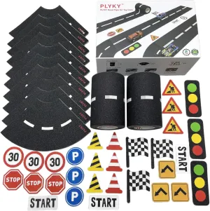Deluxe Road Tape Play Set - 2x33ft Extended Track with Curves, 30 Traffic Sign Stickers & Durable Drawer Box - Versatile Car Track Tape for Kids, Creative Toy Car Track & Car Track Rug Alternative
