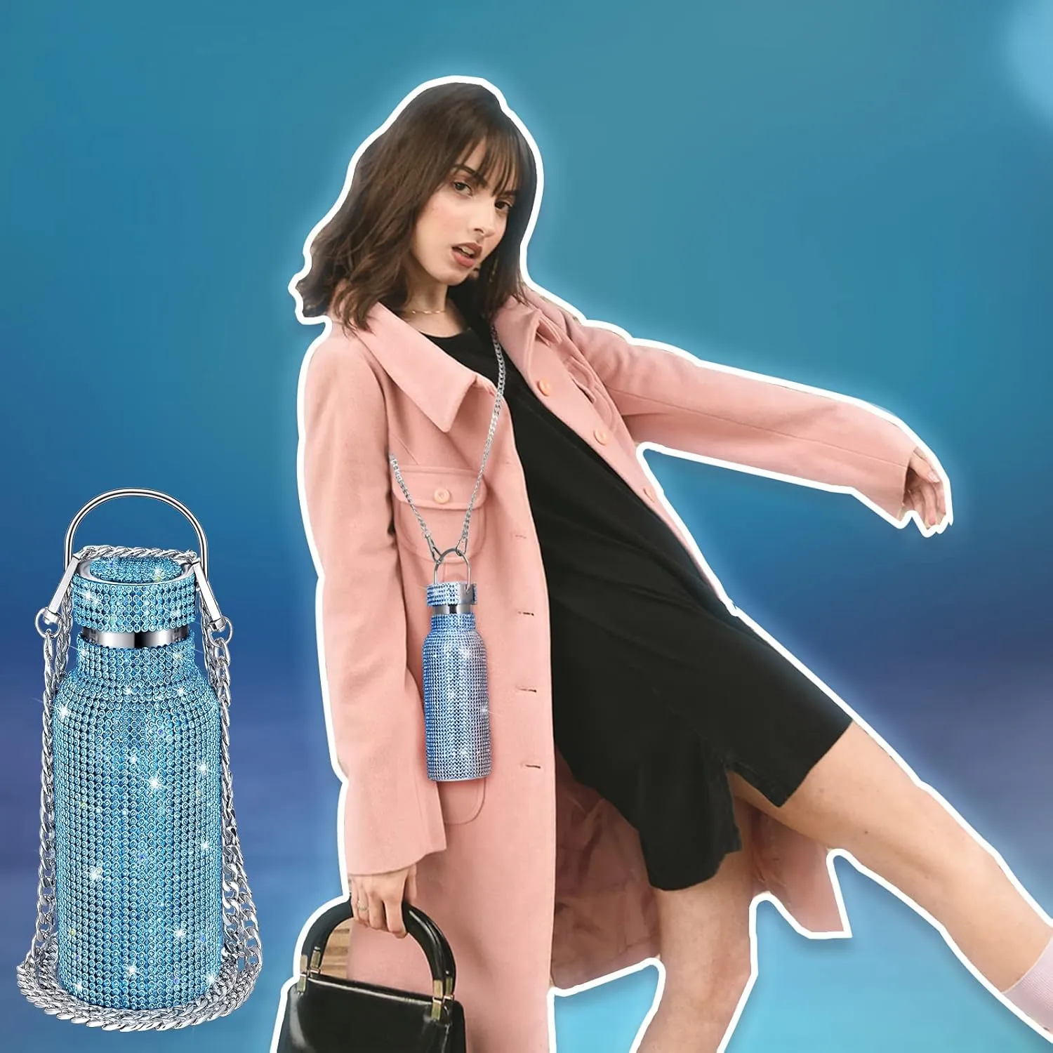 Diamond Water Bottle Bling Rhinestone Stainless Steel Thermal Bottle Refillable Insulated Glitter Water Jug with Chain for Women Girls Gifts(500 ml,Blue)