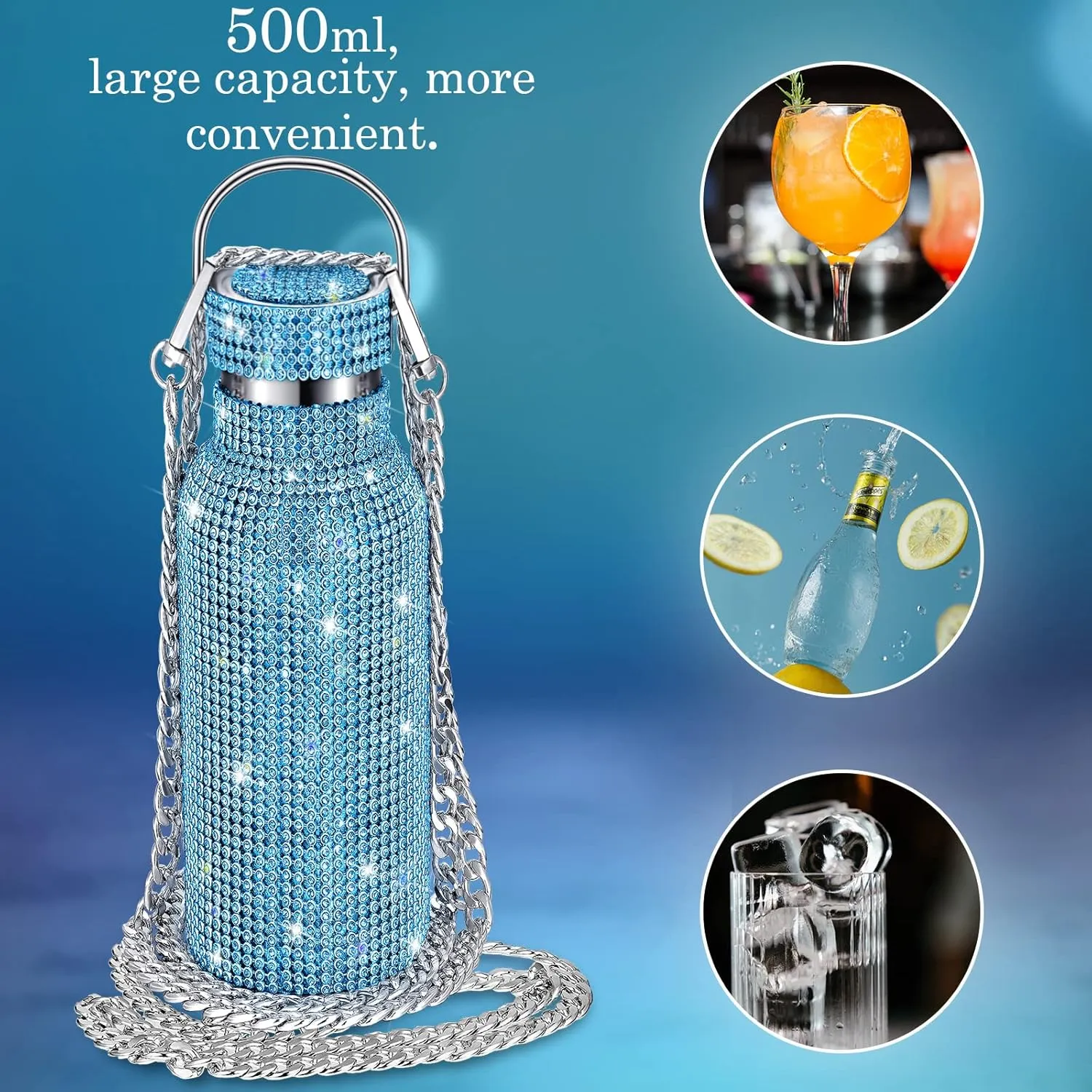 Diamond Water Bottle Bling Rhinestone Stainless Steel Thermal Bottle Refillable Insulated Glitter Water Jug with Chain for Women Girls Gifts(500 ml,Blue)