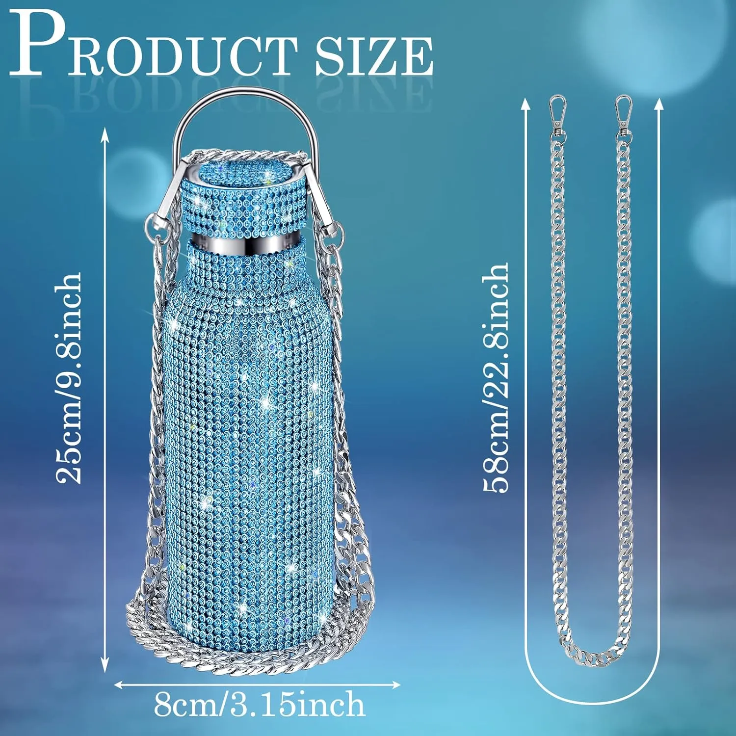 Diamond Water Bottle Bling Rhinestone Stainless Steel Thermal Bottle Refillable Insulated Glitter Water Jug with Chain for Women Girls Gifts(500 ml,Blue)