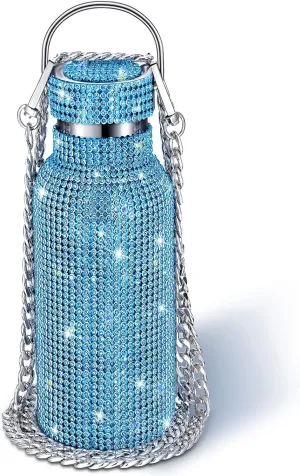 Diamond Water Bottle Bling Rhinestone Stainless Steel Thermal Bottle Refillable Insulated Glitter Water Jug with Chain for Women Girls Gifts(500 ml,Blue)