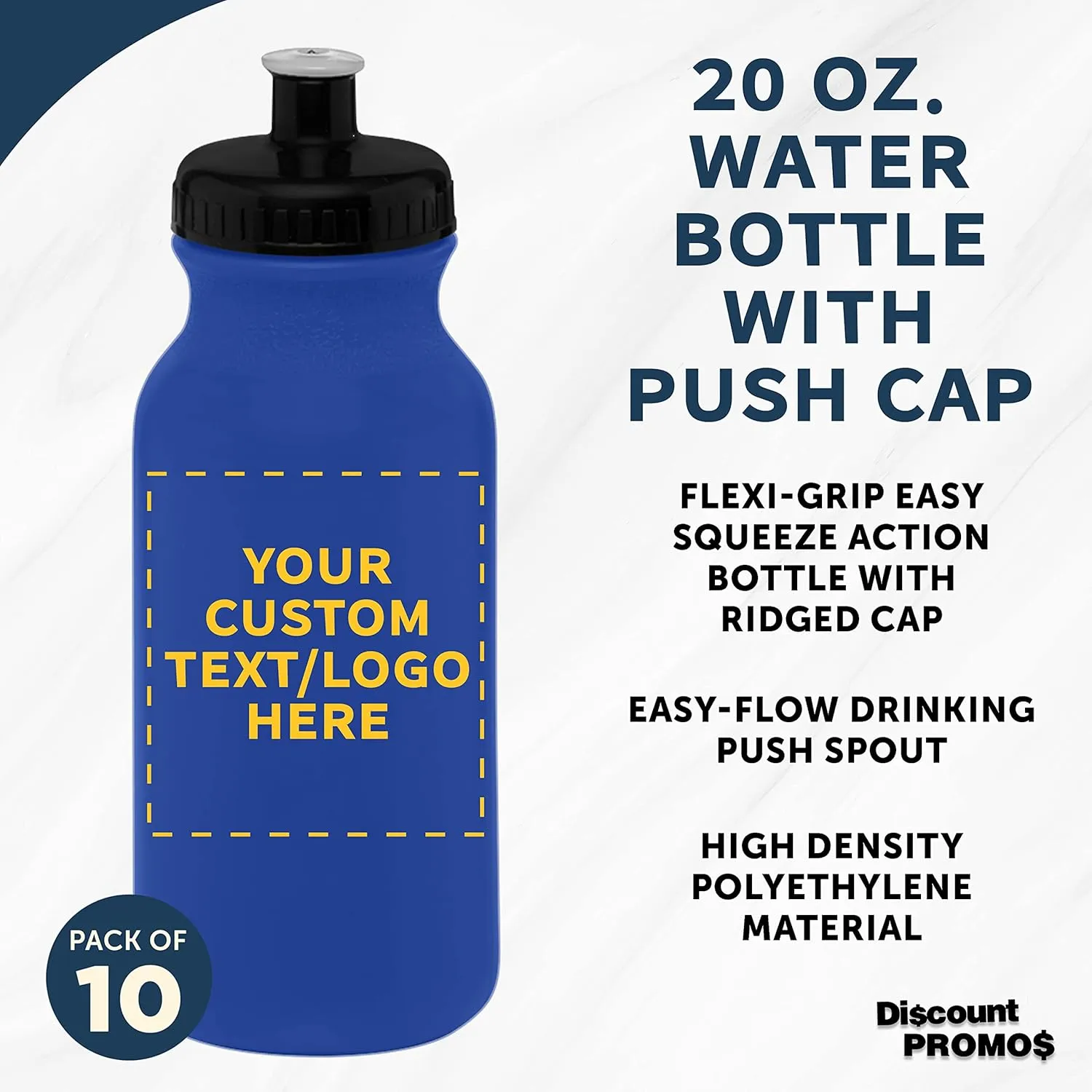 DISCOUNT PROMOS Custom 20 oz. Water Bottles with Push Cap Set of 10, Personalized Bulk Pack - Perfect for Gym, Hiking, Camping, Outdoor Sports - Reflex Blue