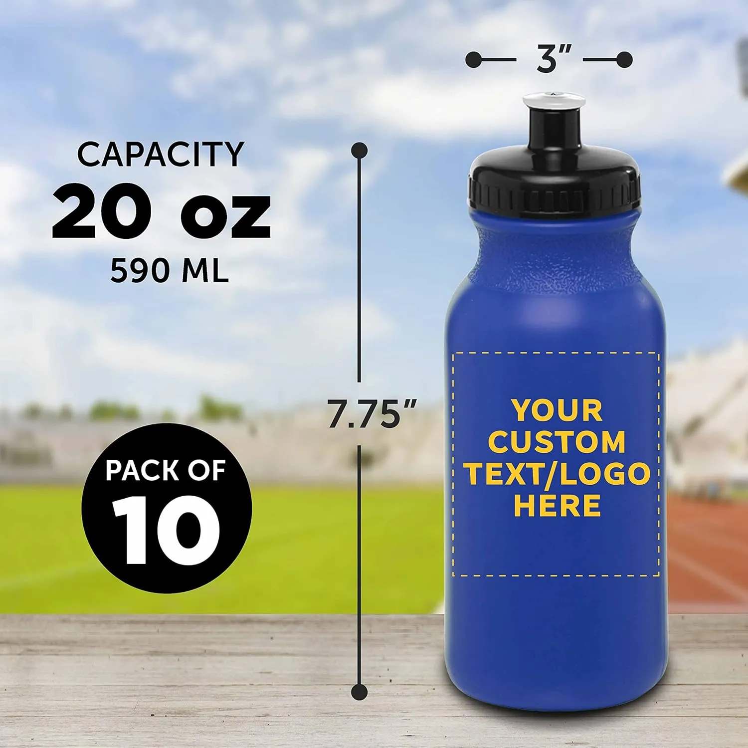 DISCOUNT PROMOS Custom 20 oz. Water Bottles with Push Cap Set of 10, Personalized Bulk Pack - Perfect for Gym, Hiking, Camping, Outdoor Sports - Reflex Blue