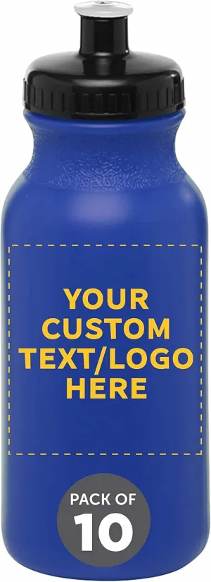 DISCOUNT PROMOS Custom 20 oz. Water Bottles with Push Cap Set of 10, Personalized Bulk Pack - Perfect for Gym, Hiking, Camping, Outdoor Sports - Reflex Blue