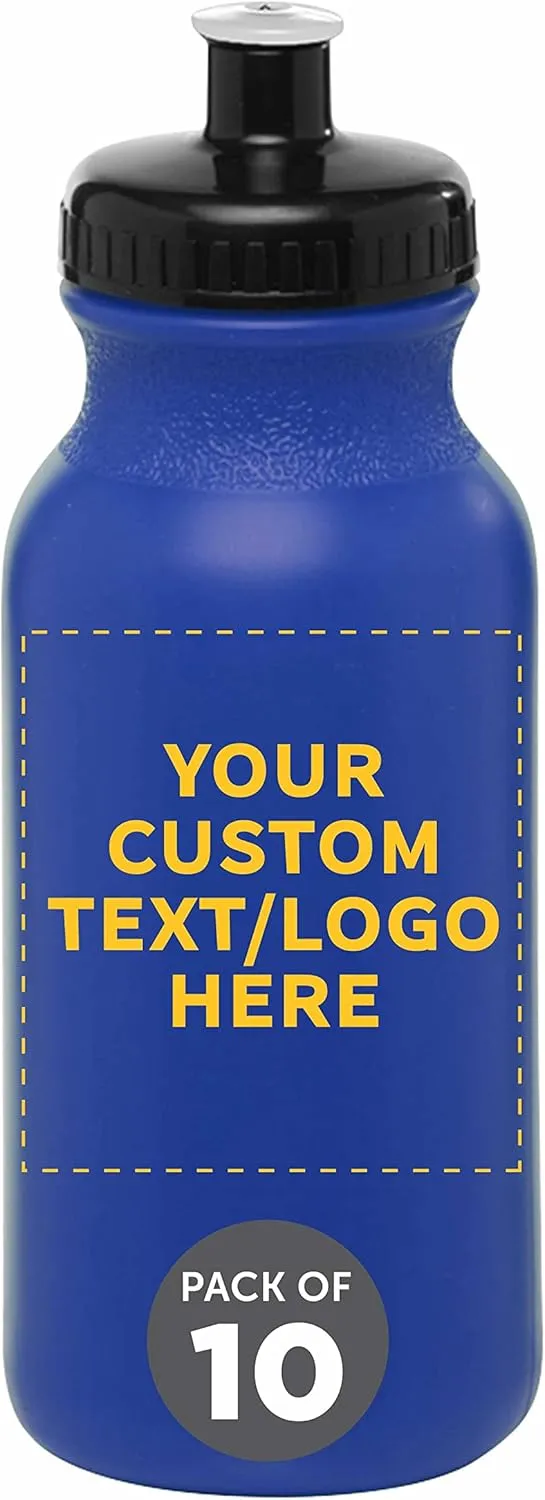 DISCOUNT PROMOS Custom 20 oz. Water Bottles with Push Cap Set of 10, Personalized Bulk Pack - Perfect for Gym, Hiking, Camping, Outdoor Sports - Reflex Blue