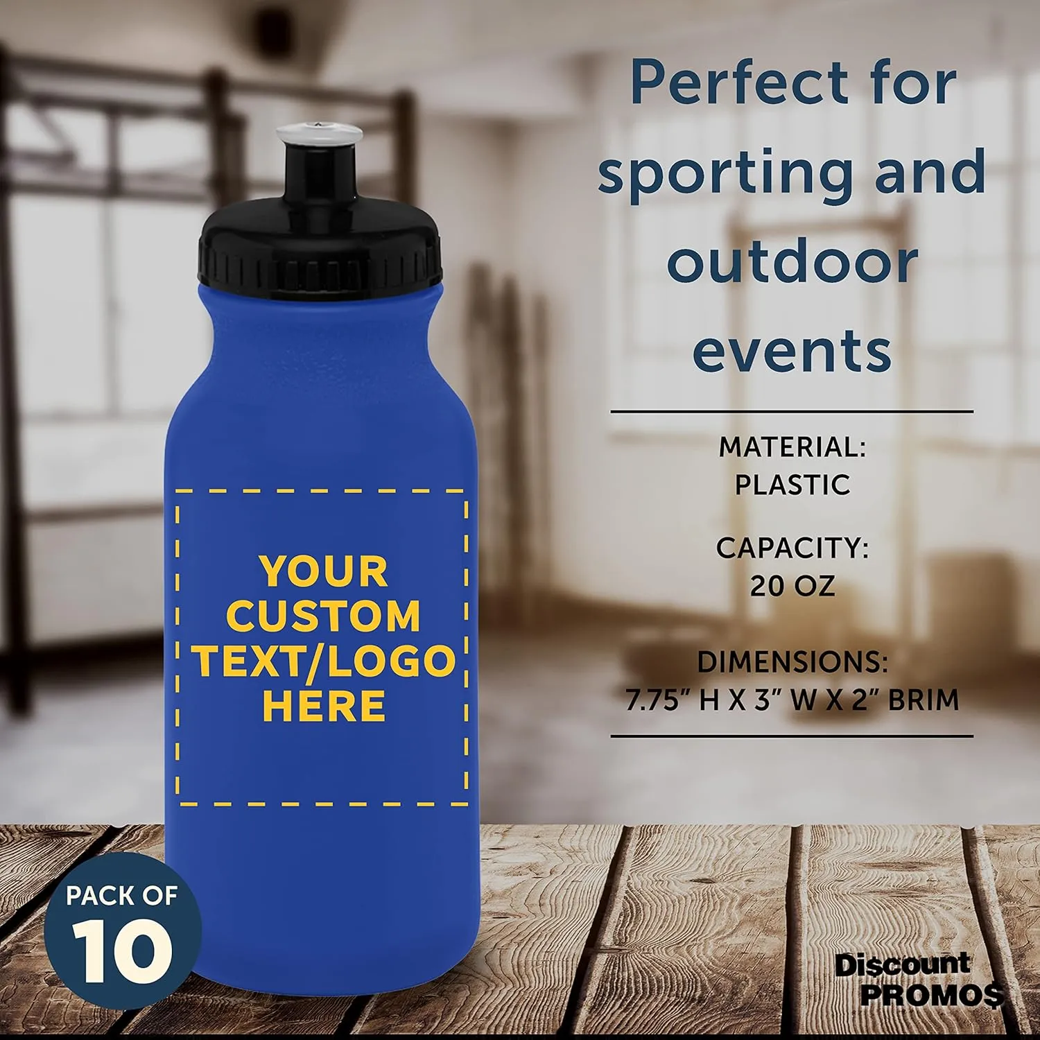 DISCOUNT PROMOS Custom 20 oz. Water Bottles with Push Cap Set of 10, Personalized Bulk Pack - Perfect for Gym, Hiking, Camping, Outdoor Sports - Reflex Blue