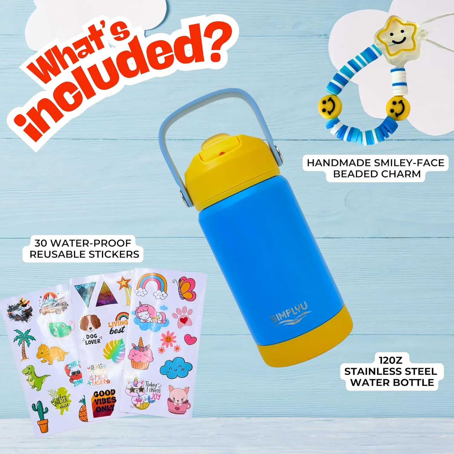DIY Water Bottle Decorating Kit for Kids – 12oz Personalized Stainless Steel Tumbler with Stickers & Beaded Charm – Fun Customizable Craft Gift for School & Birthday, Girls & Boys (Blue)