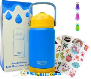 DIY Water Bottle Decorating Kit for Kids – 12oz Personalized Stainless Steel Tumbler with Stickers & Beaded Charm – Fun Customizable Craft Gift for School & Birthday, Girls & Boys (Blue)