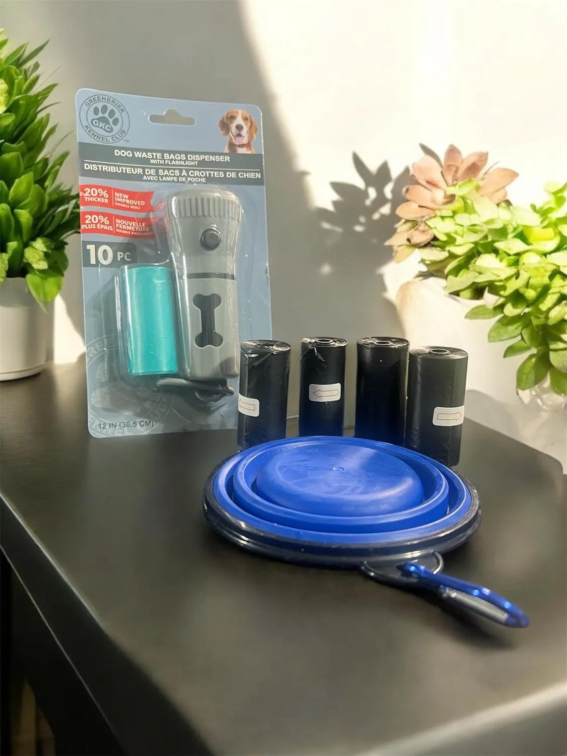 Dog walking kit with Waste Bags Dispenser Set with Flashlight, 60 plus Bags, Collapsible Travel Bowl.
