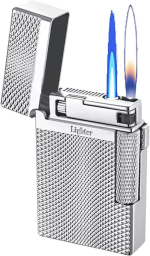 Double Flame Lighter,Soft/Jet Flame Switchable Lighters，Windproof Butane Refillable/Adjustable Torch Lighters ， forCigarette/Cigar/Candle ，Gift Box Packaging 【No Gas】 ( Color : Silver diamond pattern