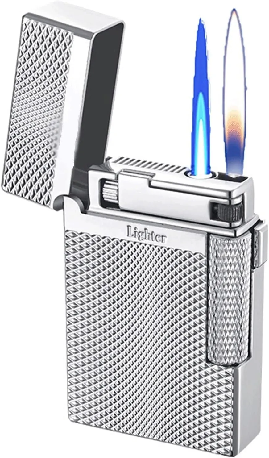 Double Flame Lighter,Soft/Jet Flame Switchable Lighters，Windproof Butane Refillable/Adjustable Torch Lighters ， forCigarette/Cigar/Candle ，Gift Box Packaging 【No Gas】 ( Color : Silver diamond pattern
