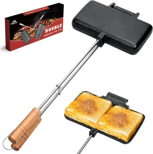 Double Pie Irons for Camping Cast Iron, Portable Mountain Campfire Pie Maker, Cast Iron Campfire Pudgy Maker, Sandwich Press for Camping