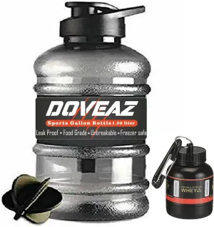 DOVEAZ® Gym Gallon Water Bottle with Protein Funnel & Container with Key-Chain, Protein Shaker Bottle - BPA-Free, Unbreakable, Freezer Safe (1500ml, Black, Plastic)