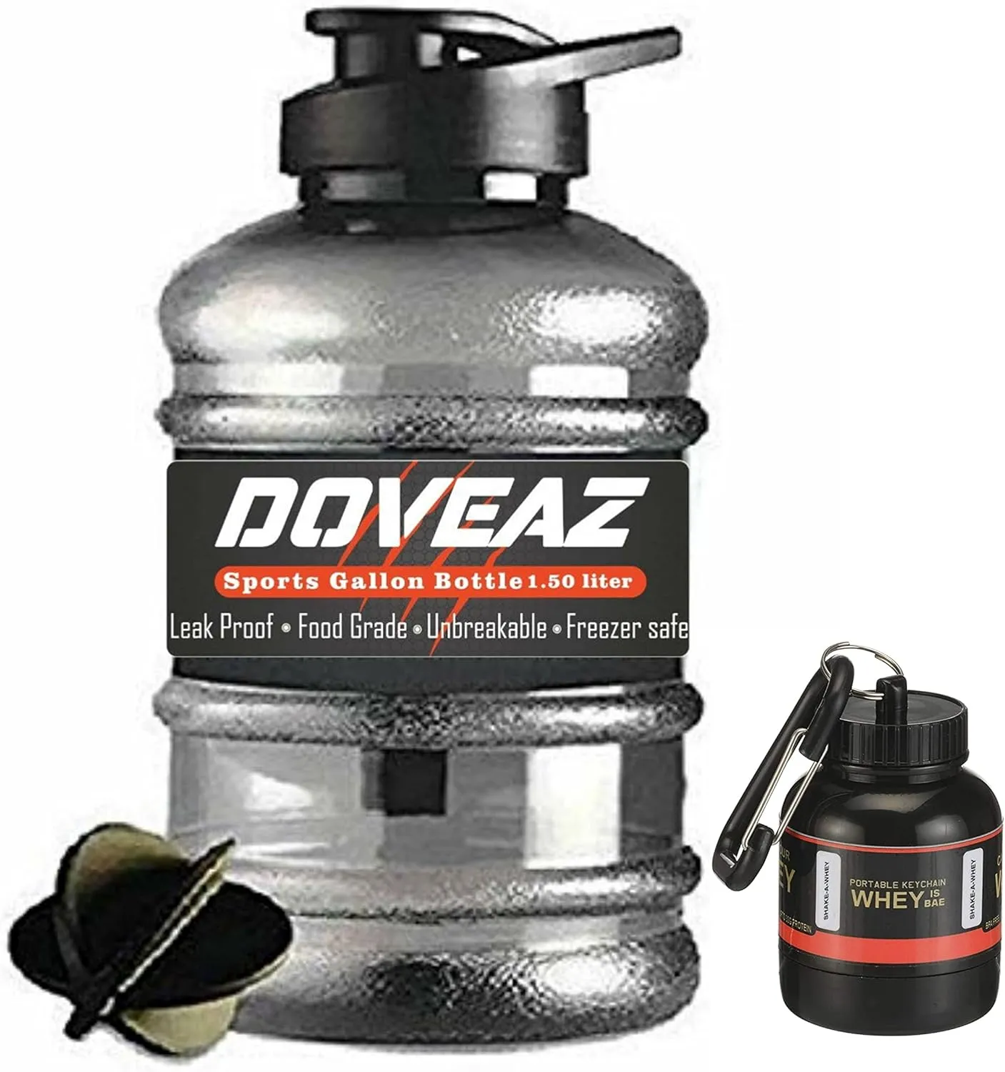 DOVEAZ® Gym Gallon Water Bottle with Protein Funnel & Container with Key-Chain, Protein Shaker Bottle - BPA-Free, Unbreakable, Freezer Safe (1500ml, Black, Plastic)