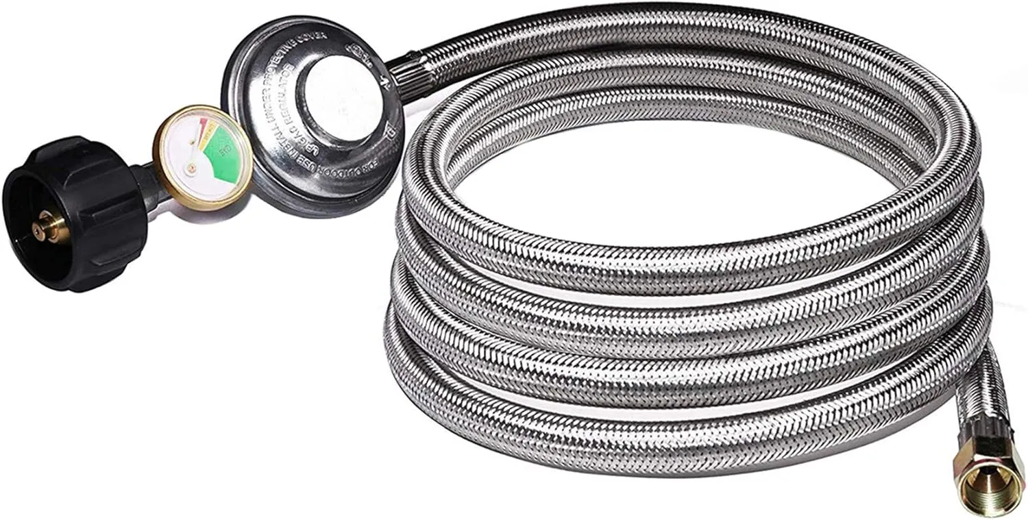 DOZYANT 12 Feet Universal QCC1 Low Pressure Propane Regulator Hose Replacement with Propane Tank Gauge, Stainless Steel Braided Hose for Most LP Gas Grill, Heater Fire Pit Table, 3/8" Female Flare