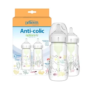 Dr. Brown’s Natural Flow Anti-Colic Options  Wide-Neck Baby Bottle Designer Edition Bottles, Ocean Decos, 9 oz/270 mL, Level 1 Nipple, 2-Pack, 0m 