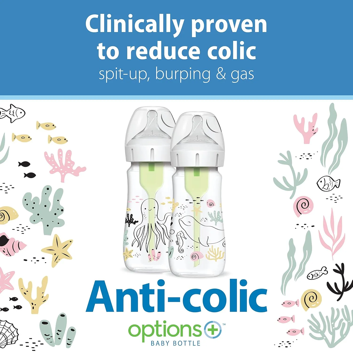 Dr. Brown’s Natural Flow Anti-Colic Options  Wide-Neck Baby Bottle Designer Edition Bottles, Ocean Decos, 9 oz/270 mL, Level 1 Nipple, 2-Pack, 0m 