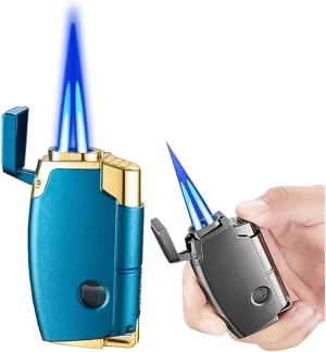 Dual Flame Jet Flame Windproof Butane Lighter, Vintage Metal Push-Type, Transparent Air Window, Adjustable Flame, Refillable Fuel Lighter (Butane Not Included)(Blue)