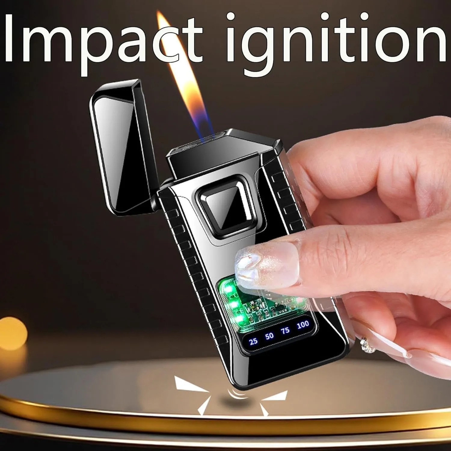 Dual Flame Smart Metal Lighter, Classic Flip Cover Windproof Jet Flame, Retro Mech, Adjustable Flame Refillable Gas Portable Lighters, Gift for Men (Fuel Not Included)(Orange)