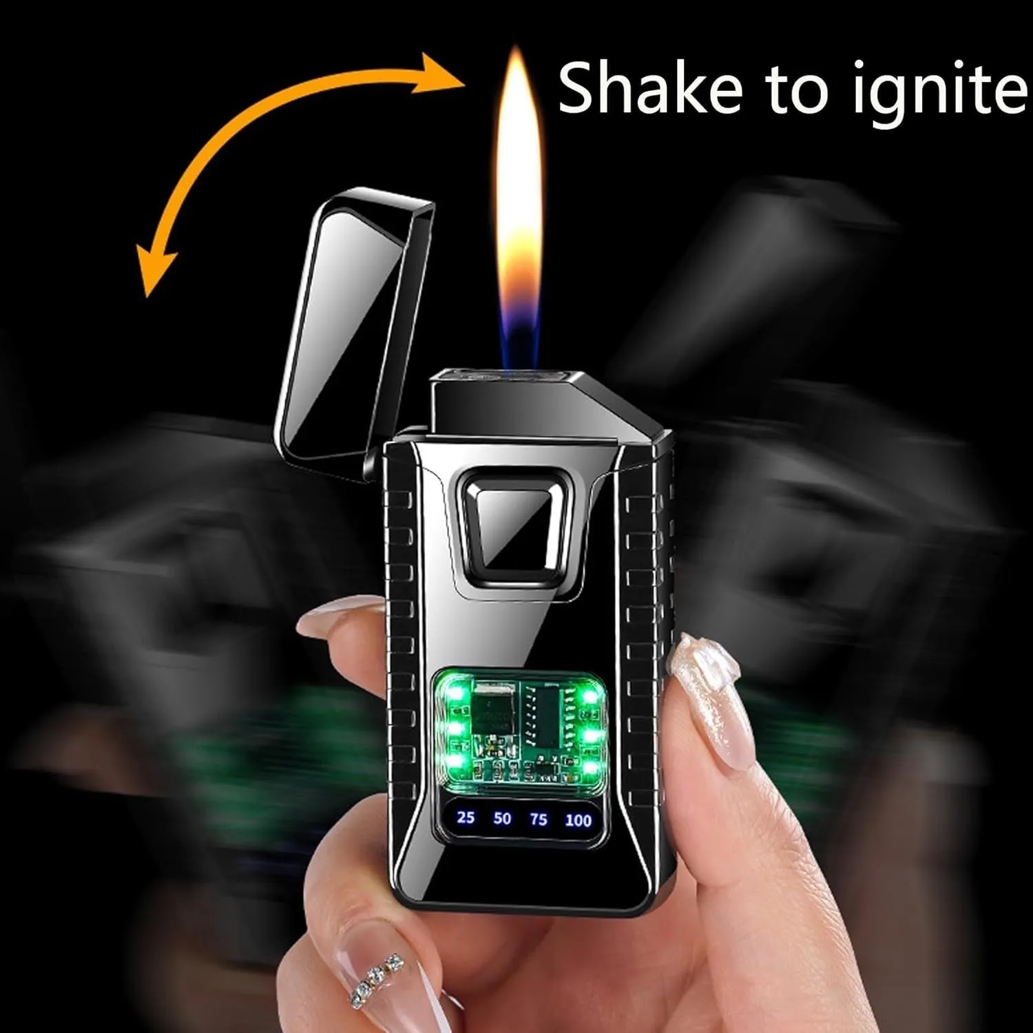 Dual Flame Smart Metal Lighter, Classic Flip Cover Windproof Jet Flame, Retro Mech, Adjustable Flame Refillable Gas Portable Lighters, Gift for Men (Fuel Not Included)(Orange)