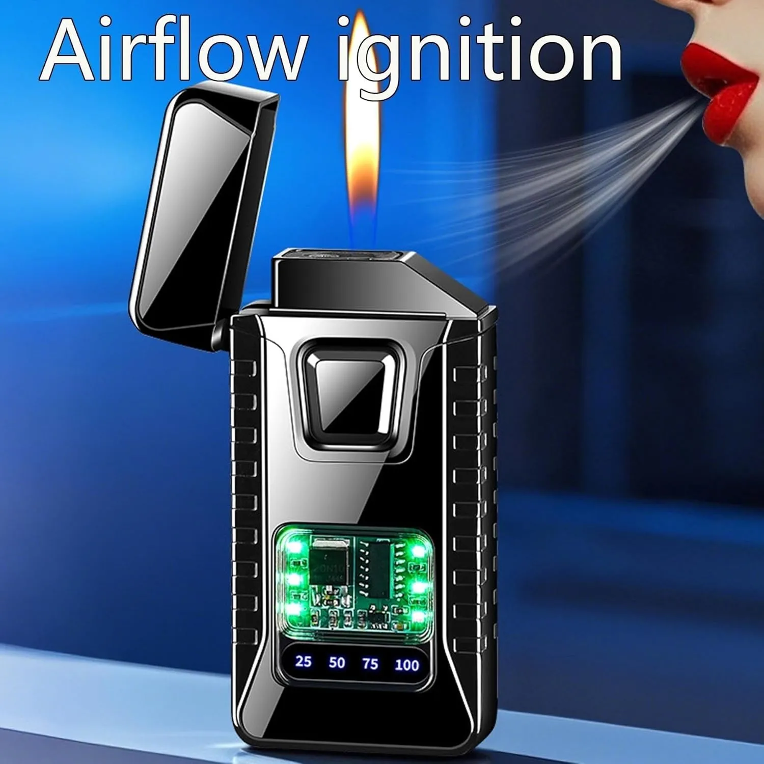 Dual Flame Smart Metal Lighter, Classic Flip Cover Windproof Jet Flame, Retro Mech, Adjustable Flame Refillable Gas Portable Lighters, Gift for Men (Fuel Not Included)(Orange)