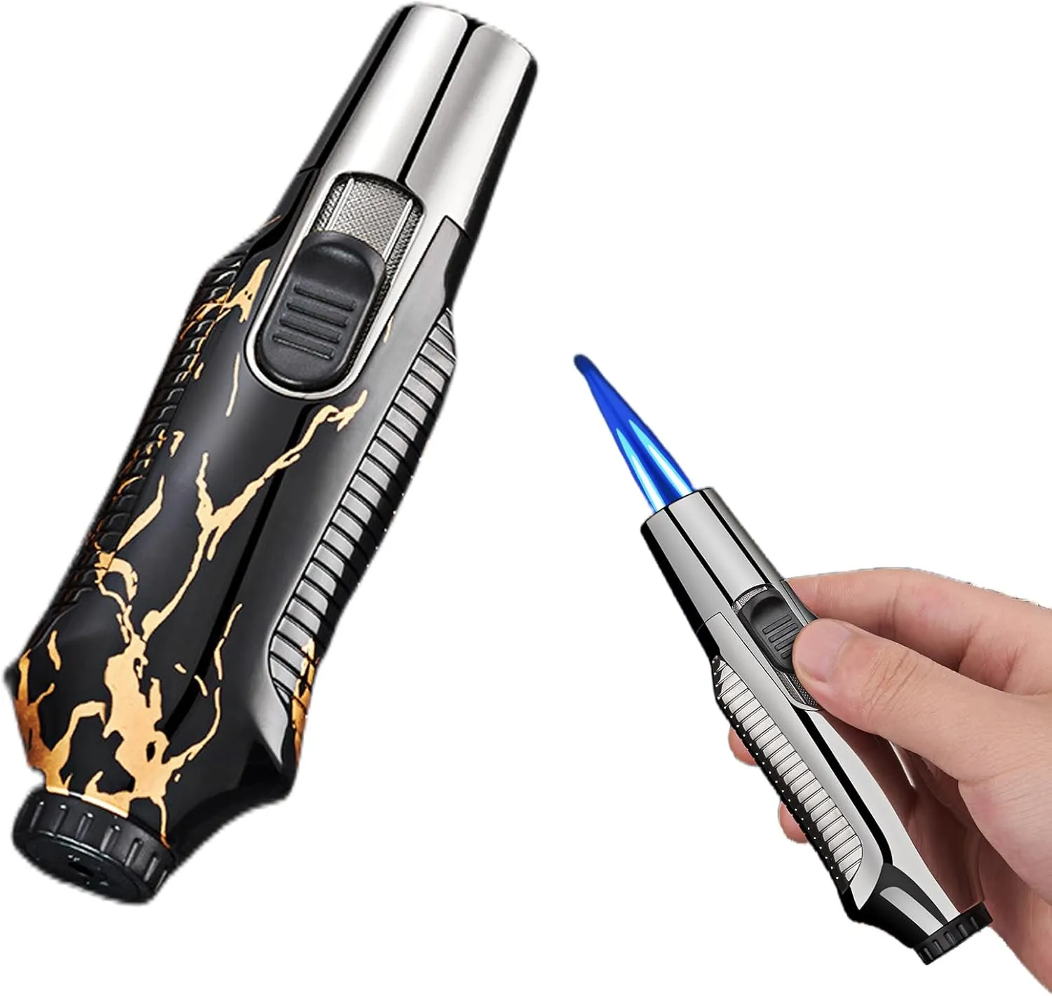 Dual Jet Flame Torch Lighter Butane Refill, Windproof Refillable & Adjustable, for Men Candles Camping Kitchen (No Butane Fuel) (Marble)