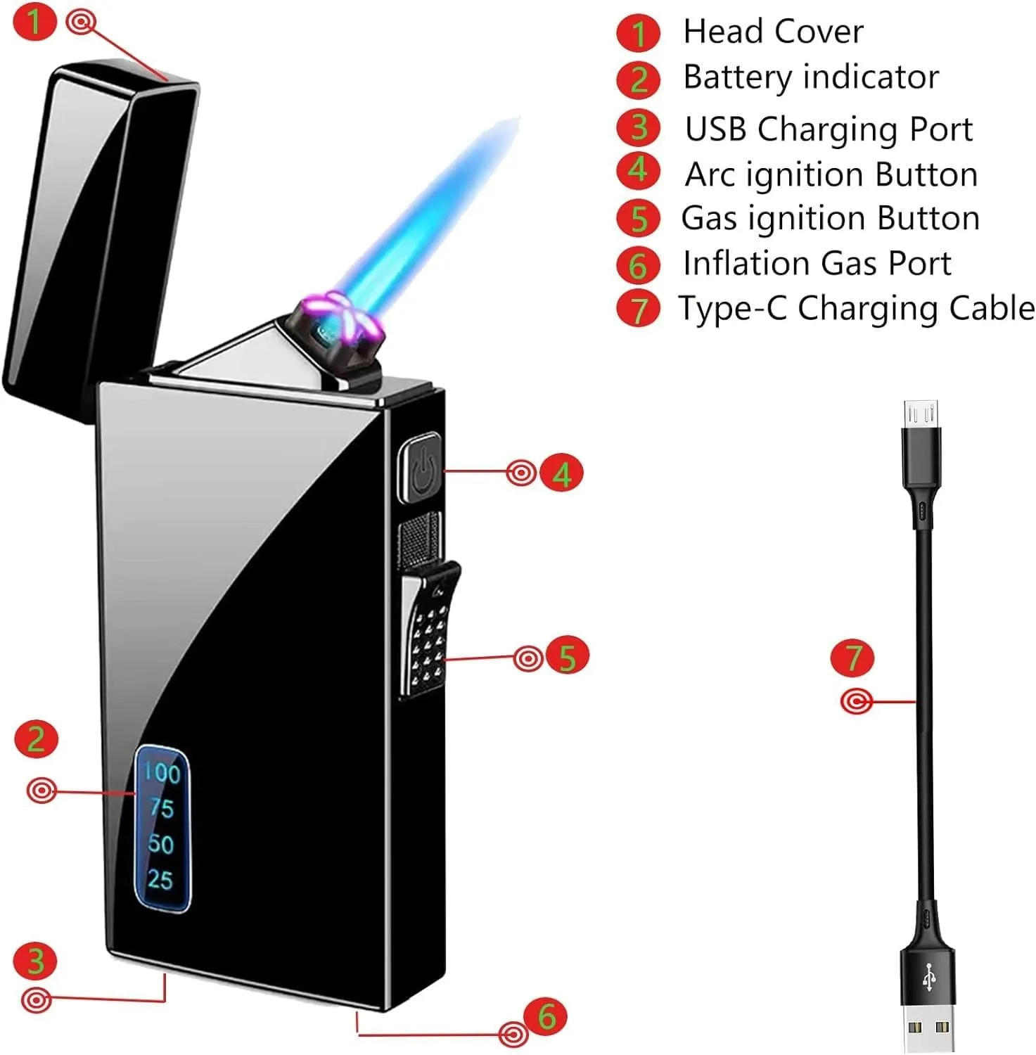 Dual-purpose lighter, arc lighter and butane lighter, jet flame torch lighter refillable butane electric lighter, USB rechargeable lighter windproof lighter suitable for kitchen, barbecue, candle, cam