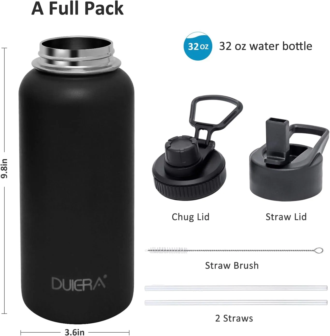 DUIERA Water Bottle with Straw 32 oz Insulated Water Bottle Stainless Steel for Cold Sports Bottle with Lid Vacuum Portable Water Bottle for Men, Leakproof, Black