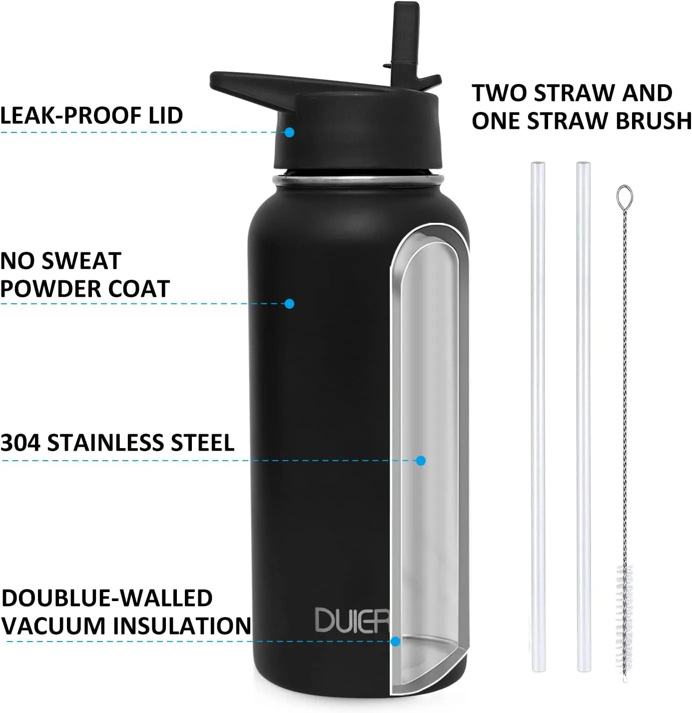 DUIERA Water Bottle with Straw 32 oz Insulated Water Bottle Stainless Steel for Cold Sports Bottle with Lid Vacuum Portable Water Bottle for Men, Leakproof, Black