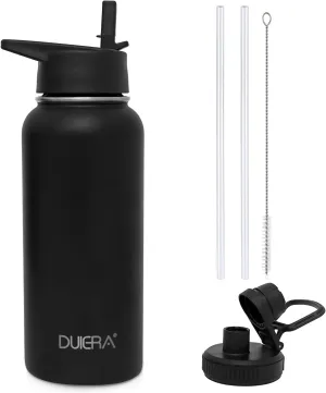 DUIERA Water Bottle with Straw 32 oz Insulated Water Bottle Stainless Steel for Cold Sports Bottle with Lid Vacuum Portable Water Bottle for Men, Leakproof, Black