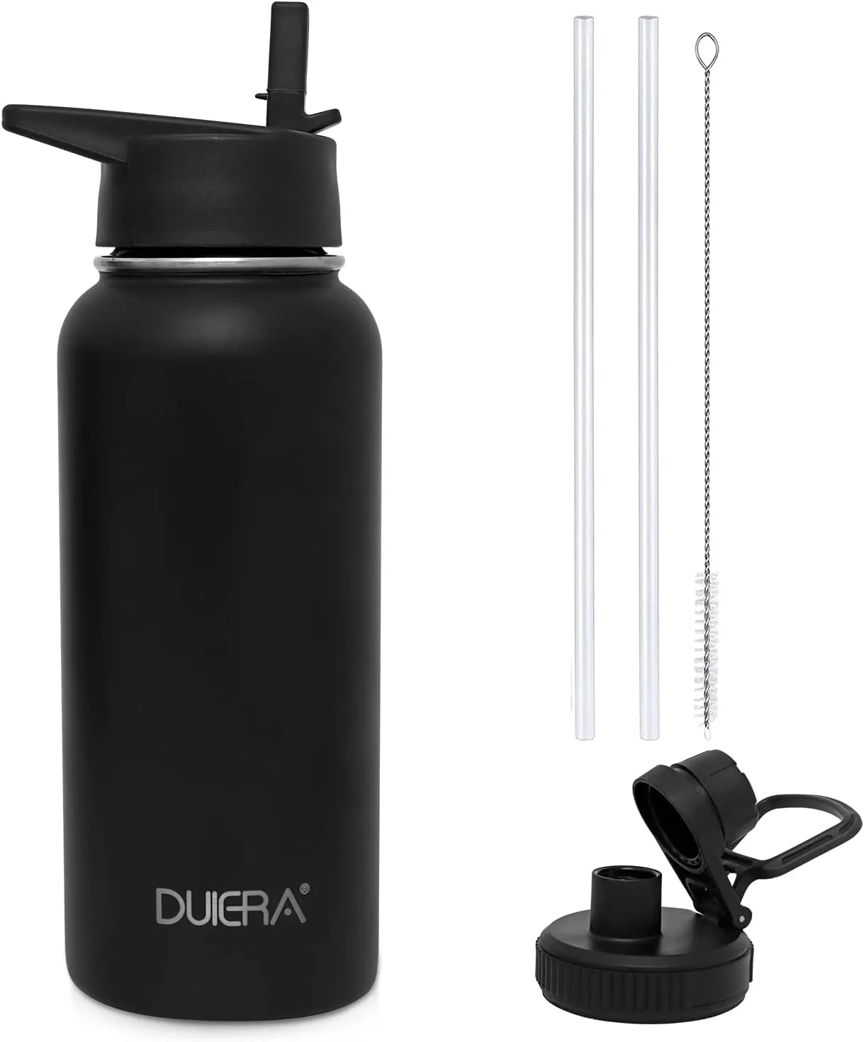 DUIERA Water Bottle with Straw 32 oz Insulated Water Bottle Stainless Steel for Cold Sports Bottle with Lid Vacuum Portable Water Bottle for Men, Leakproof, Black