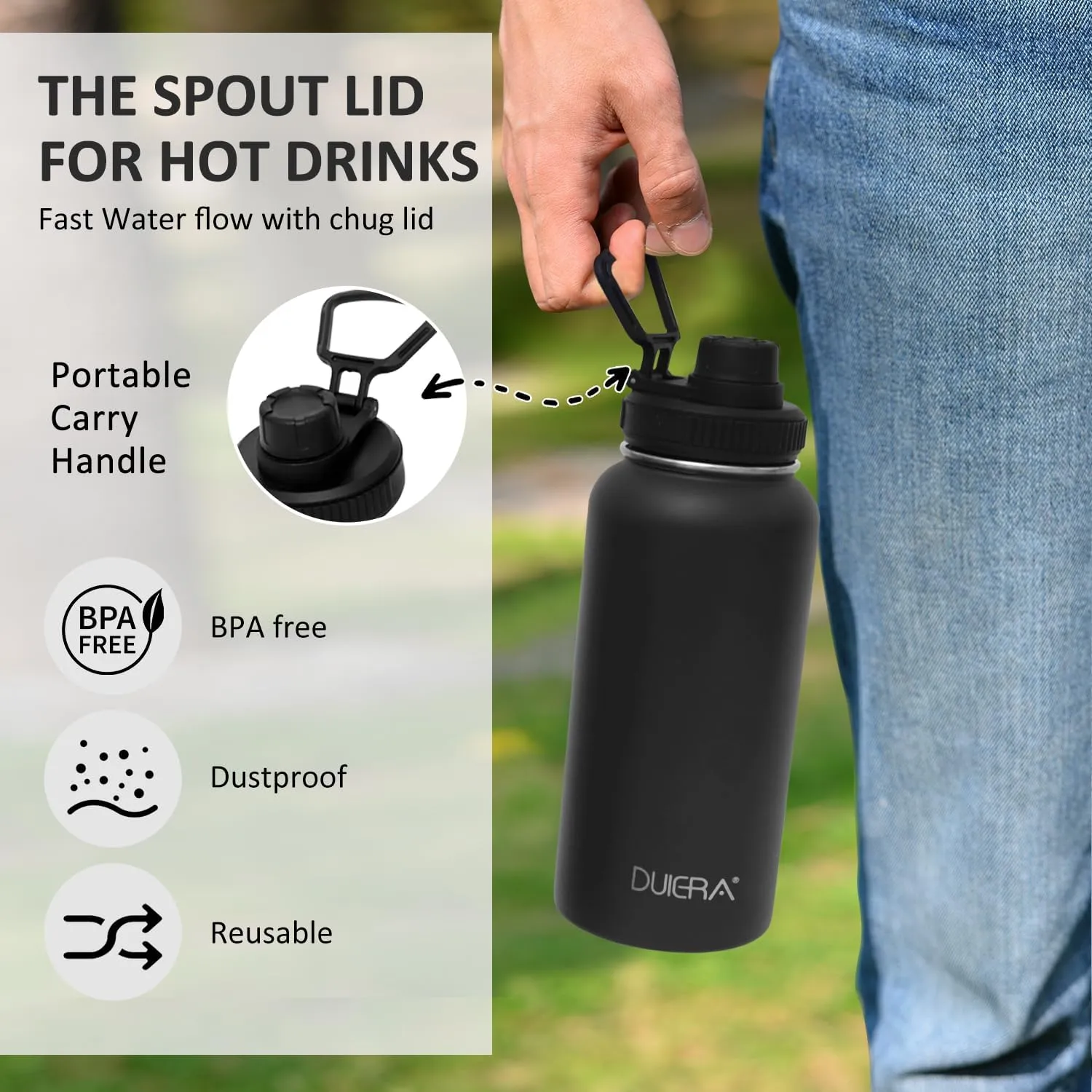 DUIERA Water Bottle with Straw 32 oz Insulated Water Bottle Stainless Steel for Cold Sports Bottle with Lid Vacuum Portable Water Bottle for Men, Leakproof, Black