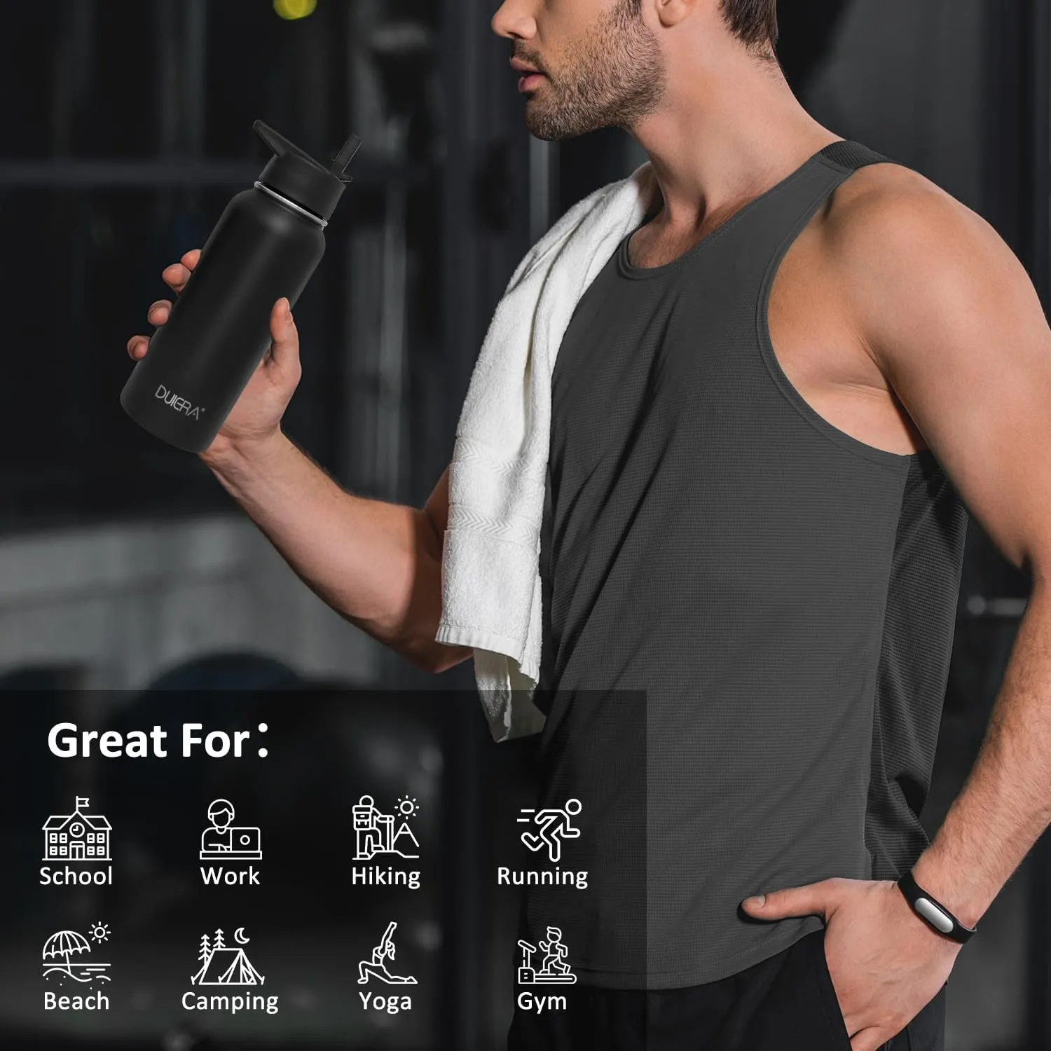 DUIERA Water Bottle with Straw 32 oz Insulated Water Bottle Stainless Steel for Cold Sports Bottle with Lid Vacuum Portable Water Bottle for Men, Leakproof, Black