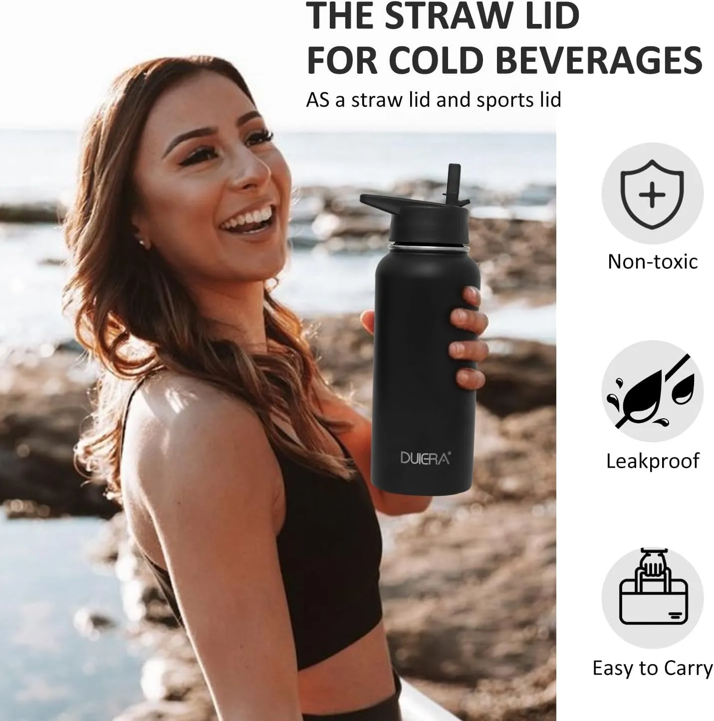 DUIERA Water Bottle with Straw 32 oz Insulated Water Bottle Stainless Steel for Cold Sports Bottle with Lid Vacuum Portable Water Bottle for Men, Leakproof, Black