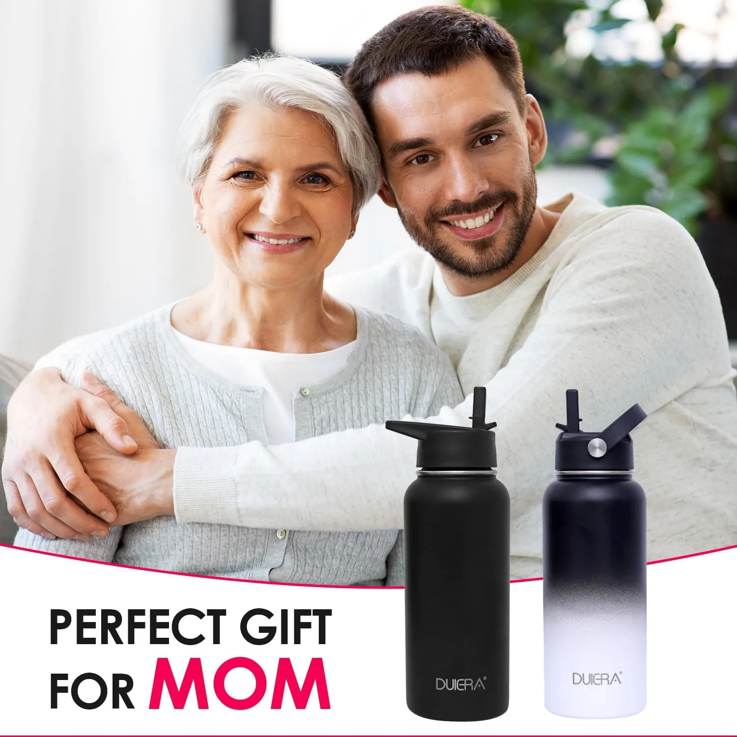 DUIERA Water Bottle with Straw 32 oz Insulated Water Bottle Stainless Steel for Cold Sports Bottle with Lid Vacuum Portable Water Bottle for Men, Leakproof, Black