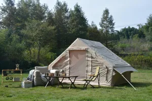 Easy Setup Inflatable Camping Tent for 4-6 Persons, Waterproof and Windproof, 4 Season Glamping Tent with Stove Jack, Beige