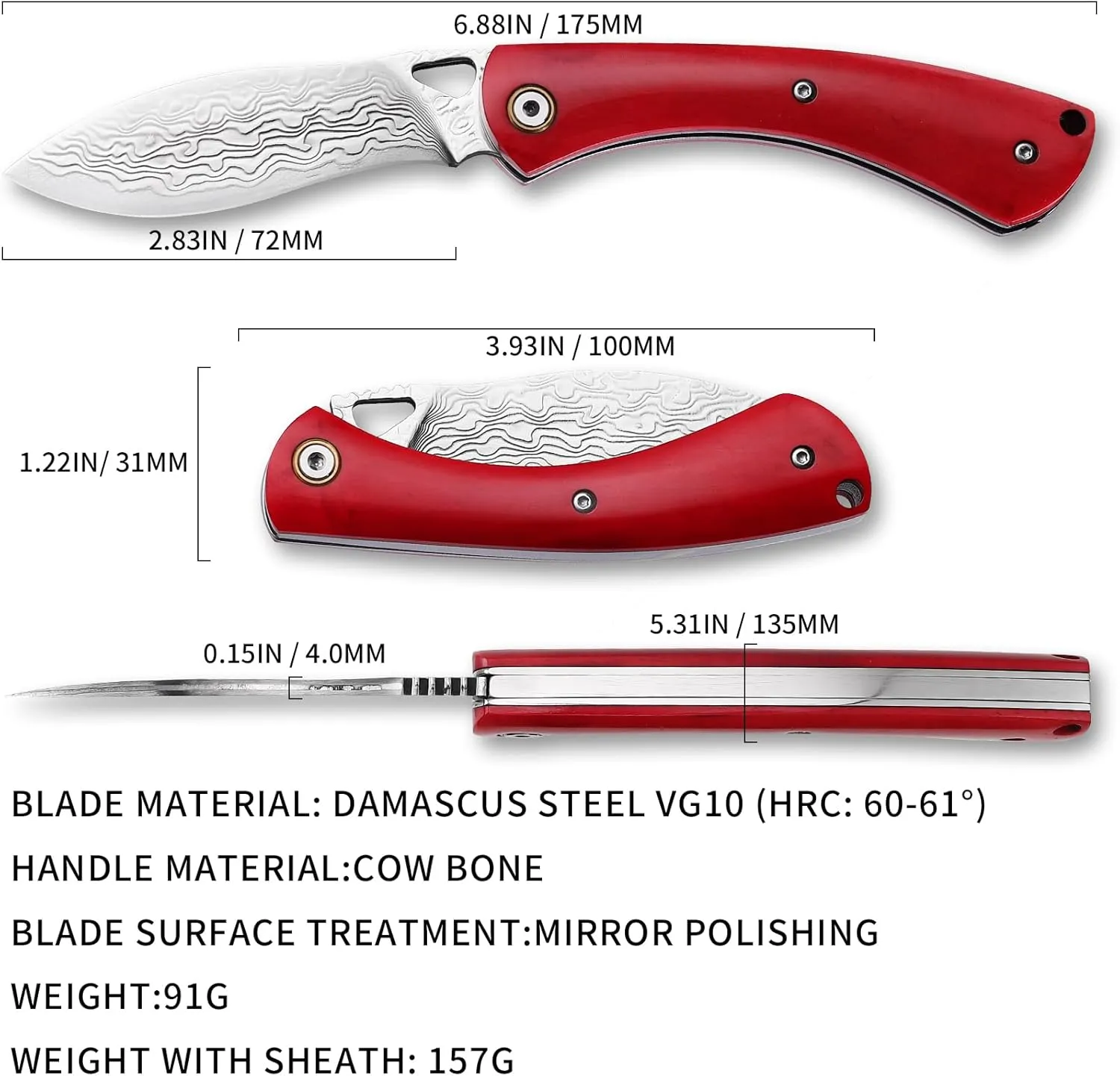 edc pocket knife foldable knife folding hunting folding mens pocket knife with holster,3.93" Handmade Forged VG10 Damascus Steel Blade,Beef Bone Handles Sharp Camping